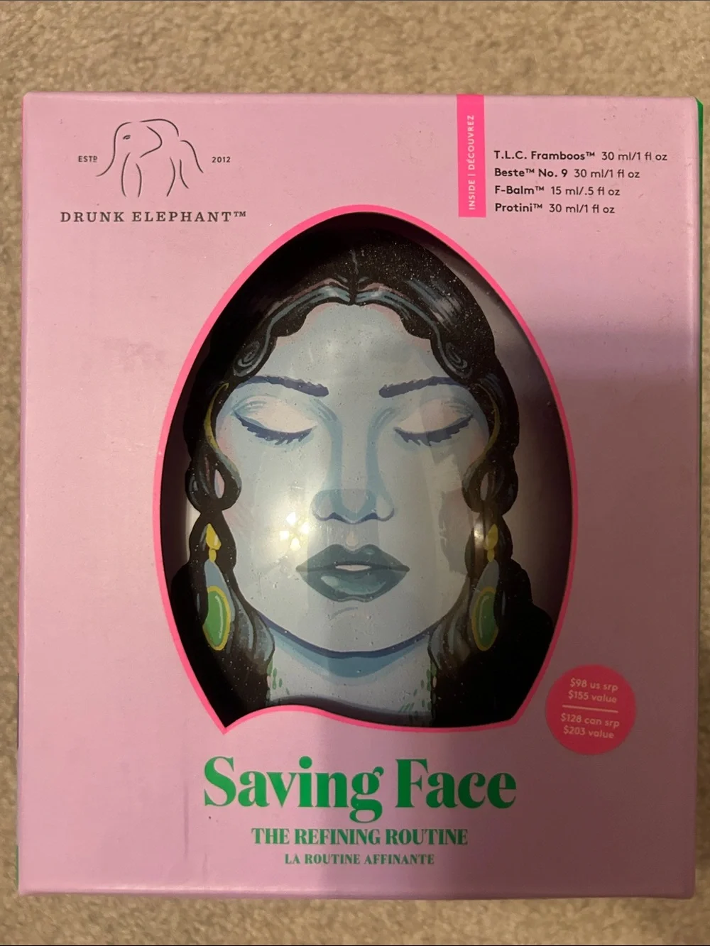 Brand new unopened Drunk Elephant Saving Face skincare set